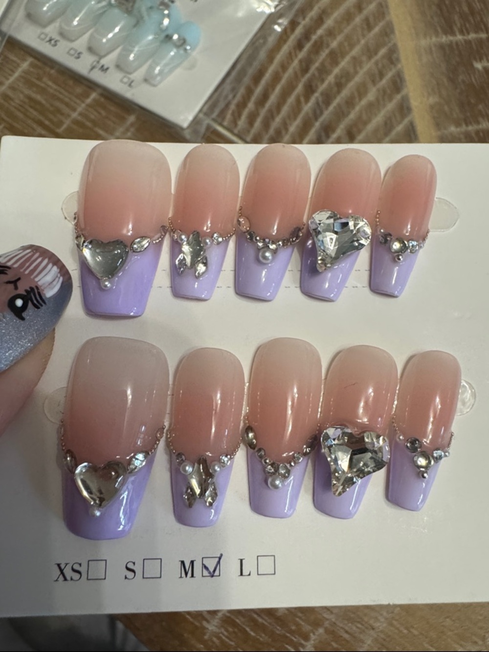 Rhinestone Heart Lavender French Press-On Nails - Women Makeup - hand made